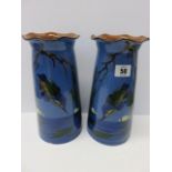 WATCOMB, pair of Kingfisher design blue ground crinoline edged vases, 9.