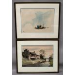 A PAIR OF 20TH CENTURY FRAMED CHINESE PAINTINGS ON PAPER, each depicting a river scene, the frames