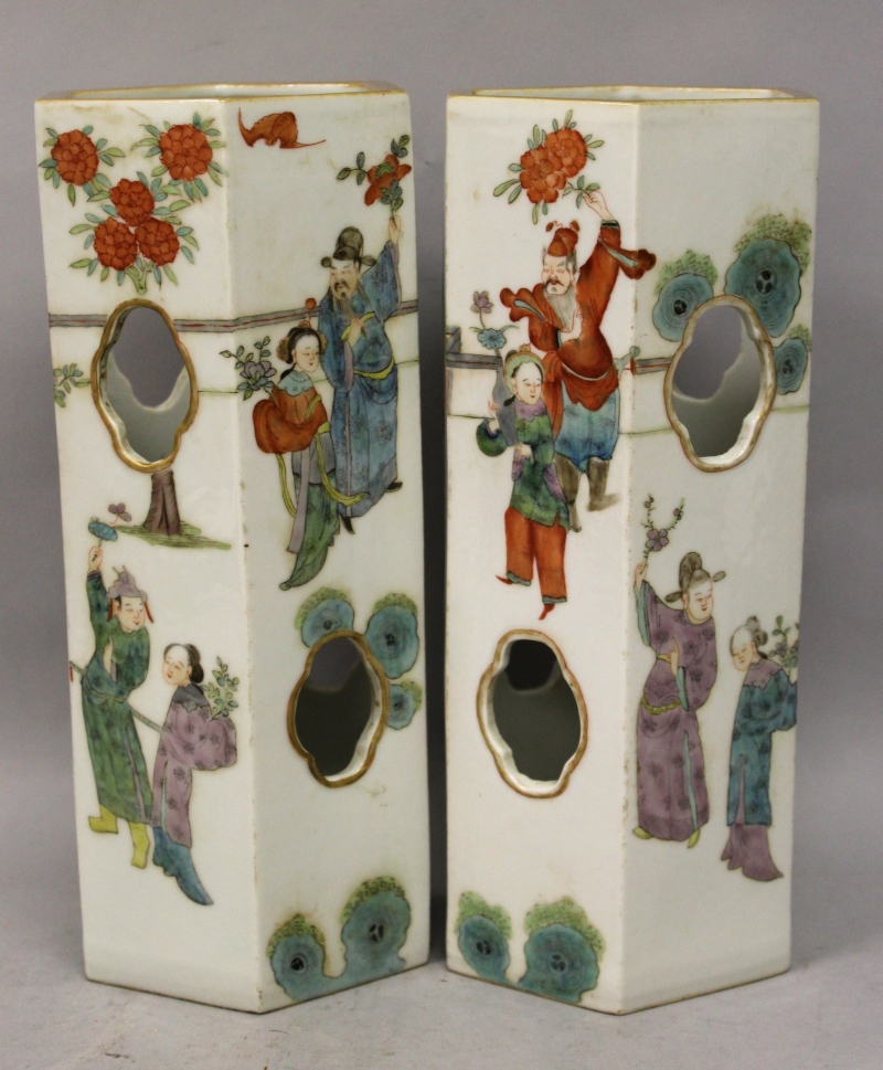 A PAIR OF CHINESE FAMILLE ROSE PORCELAIN HAT VASES, of hexagonal section, each decorated to the - Image 2 of 5