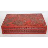 A GOOD QUALITY CHINESE RED CINNABAR LACQUER RECTANGULAR BOX, the cover decorated with a diminutive