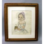A FRAMED PORTRAIT OF A GIRL WITH A CAT, mixed media, in the manner of Leonard Foujita, bearing a