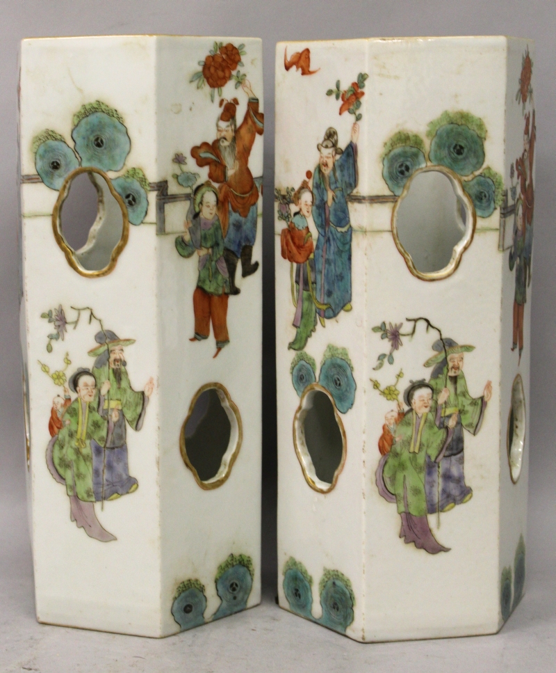 A PAIR OF CHINESE FAMILLE ROSE PORCELAIN HAT VASES, of hexagonal section, each decorated to the - Image 3 of 5