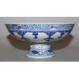 A CHINESE BLUE & WHITE PORCELAIN STEM BOWL, the interior decorated with formal designs of scroll and