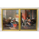 A GOOD PAIR OF 19TH CENTURY FRAMED CHINESE OIL PAINTINGS ON CANVAS, each an interior scene, one with