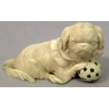 A FINE QUALITY SIGNED JAPANESE MEIJI PERIOD IVORY OKIMONO OF A KARASHISHI SHIHTZU, the dog with