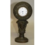 A GOOD SMALL 19TH CENTURY CAST BRONZE PEDESTAL CLOCK with verge movement.  8ins high.