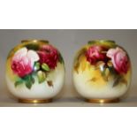 A PAIR OF ROYAL WORCESTER VASES, painted with roses by Mille Hunt, one signed, date code for 1930.