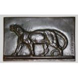 ANTOINE LOUIS BARYE (1796-1875) FRENCH A VERY EARLY BRONZE PLAQUE OF A WALKING LEOPARD. Signed A.