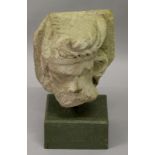 AN EARLY CARVED SANDSTONE HEAD, 7ins high on a stand.