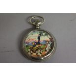 A GENTLEMAN'S EROTIC POCKET WATCH with a automaton face.  6cm diameter.