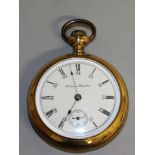 A GENTLEMAN'S HAMPDEN WATCH CO. GOLD PLATED CASED POCKET WATCH.