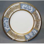 AN EARLY 20TH CENTURY MINTON PATE SUR PATE PLATE with three fan shaped panels with classical scenes,