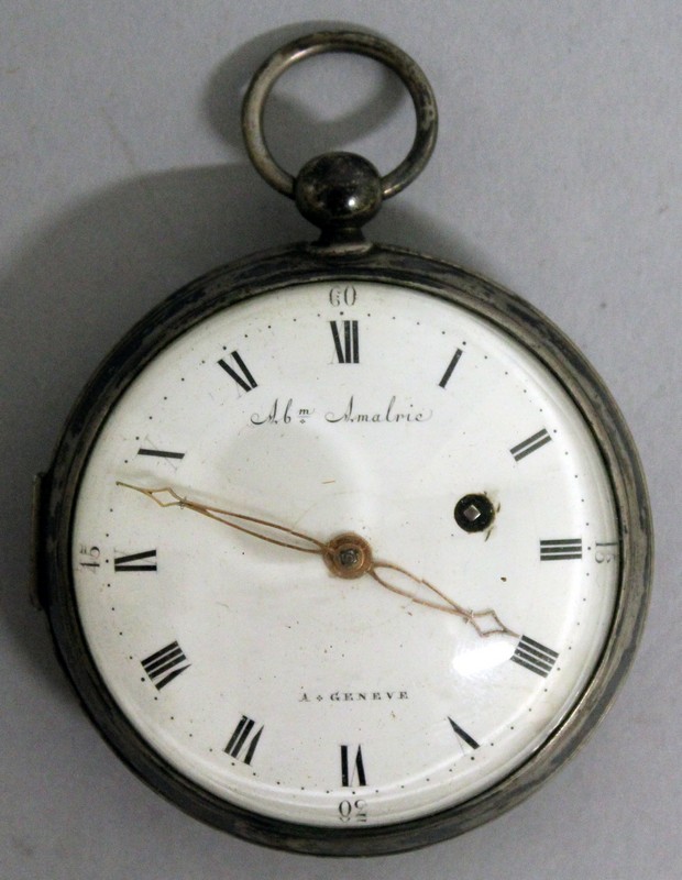 AN 18TH CENTURY SWISS POCKET WATCH by Abm. AMALRIE A GENEVA, with white enamel dial in a silver