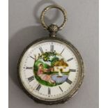 A LADIES SILVER CASED POCKET WATCH with painted face.