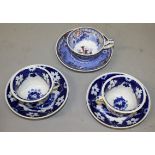 19TH CENTURY ENGLISH BLUE AND WHITE PLATES, a coloured blue & white plate and three tea cups and