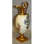 A ROYAL WORCESTER IVORY GROUND EWER with satyr mask handle painted with flowers, date code for