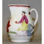 AN 18TH CENTURY BOW SPARROW BEAK JUG painted with oriental figures in colour.