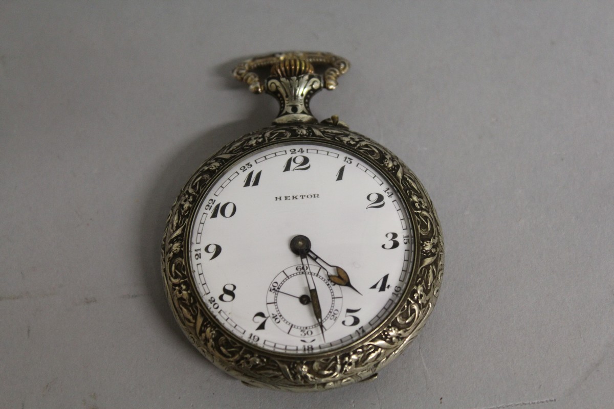 A GENTLEMAN'S HEKTOR FLYING POCKET WATCH, the back repousse with an early plane and car.