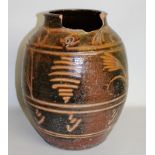 A LARGE MICHAEL CARDEW BROWN GLAZED POTTERY VASE.  Impressed M.C. & W.P. 16ins high, 12ins diameter.