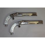 A GOOD PAIR OF SCOTTISH SILVER STOCK PERCUSSION HOLSTER PISTOLS by T. THOMSON, ABERDEEN, 9.75ins