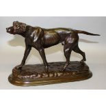 JULES MOIGNIEZ (1835-1894) FRENCH A GOOD BRONZE OF AN ALERT POINTER. Signed.  11.75ins long, 8ins