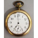 A GENTLEMAN'S WALTHAM GILT POCKET WATCH, the back engraved with birds, leaves and scrolls.