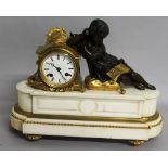 A GOOD 19TH CENTURY FRENCH BRONZE, ORMOLU AND WHITE MARBLE MANTLE CLOCK with eight day movement,