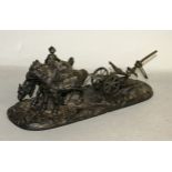 A GOOD BRONZE GROUP, TWO HORSES PLOUGHING.  10ins long.