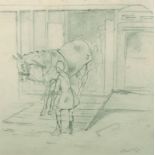 Eric Meade-King (1911-1987) British. A Huntsman unloading a Horse from a trailer, Pencil, Signed,