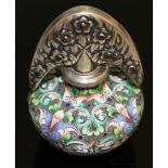 A GOOD FABERGE SILVER AND ENAMEL SCENT BOTTLE with coloured enamel base and silver stopper with