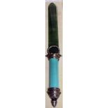 A VERY GOOD "FABERGE" SILVER, ENAMEL AND GREEN JADE PAPERKNIFE with enamel handle, silver mounted