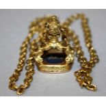 A GOOD GOLD PENDANT FOB SEAL ON A CHAIN with rounded rectangular lapis lazuli intaglio incised