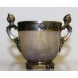A "FABERGE" AGATE AND SILVER TWO HANDLES TROPHY with female mask handles.  6cms high.
