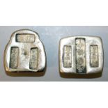 TWO CHINESE SILVER-METAL INGOTS, weighing approx. 185gms & 190gms, each with impressed character