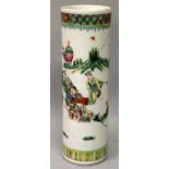 A 19TH/20TH CENTURY CHINESE FAMILLE VERTE CYLINDRICAL PORCELAIN VASE, circa 1900, the sides