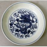 A CHINESE BLUE & WHITE PORCELAIN DRAGON SAUCER DISH, the interior and exterior sides decorated