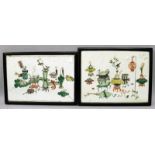 A PAIR OF HARDWOOD FRAMED FAMILLE VERTE PORCELAIN PLAQUES, each decorated with a variety of bronze