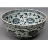 A CHINESE MING STYLE BLUE & WHITE PORCELAIN BOWL, decorated with formal scrolling foliage, 8.3in