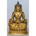 A GOOD QUALITY SINO-TIBETAN GILT BRONZE FIGURE OF AMITAYUS BUDDHA, seated in dhyanasana on a