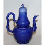 ANOTHER 19TH CENTURY CHINESE BLUE GLAZED PORCELAIN COFFEE POT & COVER, of double-gourd form, 6in