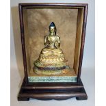 A GOOD QUALITY SINO-TIBETAN BRONZE FIGURE OF BUDDHA, together with a fitted hardwood display case