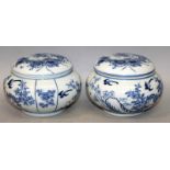 A PAIR OF CHINESE BLUE & WHITE PORCELAIN JARS & COVERS, each piece decorated with birds, rockwork