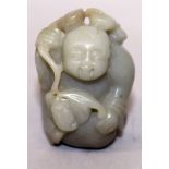 A GOOD 19TH/20TH CENTURY CHINESE CELADON GREEN JADE FIGURE OF A BOY, carved with a bat before him