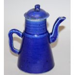 A 19TH CENTURY CHINESE BLUE GLAZED PORCELAIN COFFEE POT & COVER, of circular section and tapering