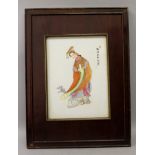 A CHINESE WOOD FRAMED PORCELAIN PLAQUE, painted with calligraphy and artist's seals and with a