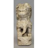 A 20TH CENTURY CHINESE CARVED MARBLE MODEL OF A TEMPLE GUARDIAN LION, seated on a rectangular