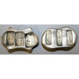 TWO CHINESE SILVER-METAL INGOTS, weighing approx. 185gms & 190gms, each with impressed character