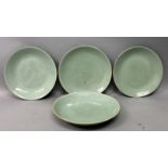 A GROUP OF FOUR 19TH CENTURY CHINESE CELADON PORCELAIN DISHES, circa 1840, each with an underglaze-