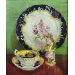 20th Century English School. Still Life of a Porcelain Figure with a Place, and Cup and Saucer,