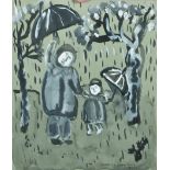 Doris Holzhandler (1928-2015) French/British. 'St Ives', a Mother and Child Holding Umbrella's,